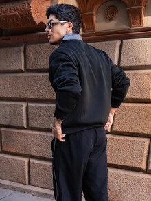 FELIPE ZIMMER FELIPE ZIMMER Men's Standard Size Black Pullover Sweatshirt With Collar And Embroidered Design Casual For Spring Polo Sweater Long Sleeve Polo Shirt Collared Shirts - Black - View 2