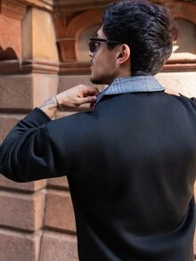 FELIPE ZIMMER FELIPE ZIMMER Men's Standard Size Black Pullover Sweatshirt With Collar And Embroidered Design Casual For Spring Polo Sweater Long Sleeve Polo Shirt Collared Shirts - Black - View 3