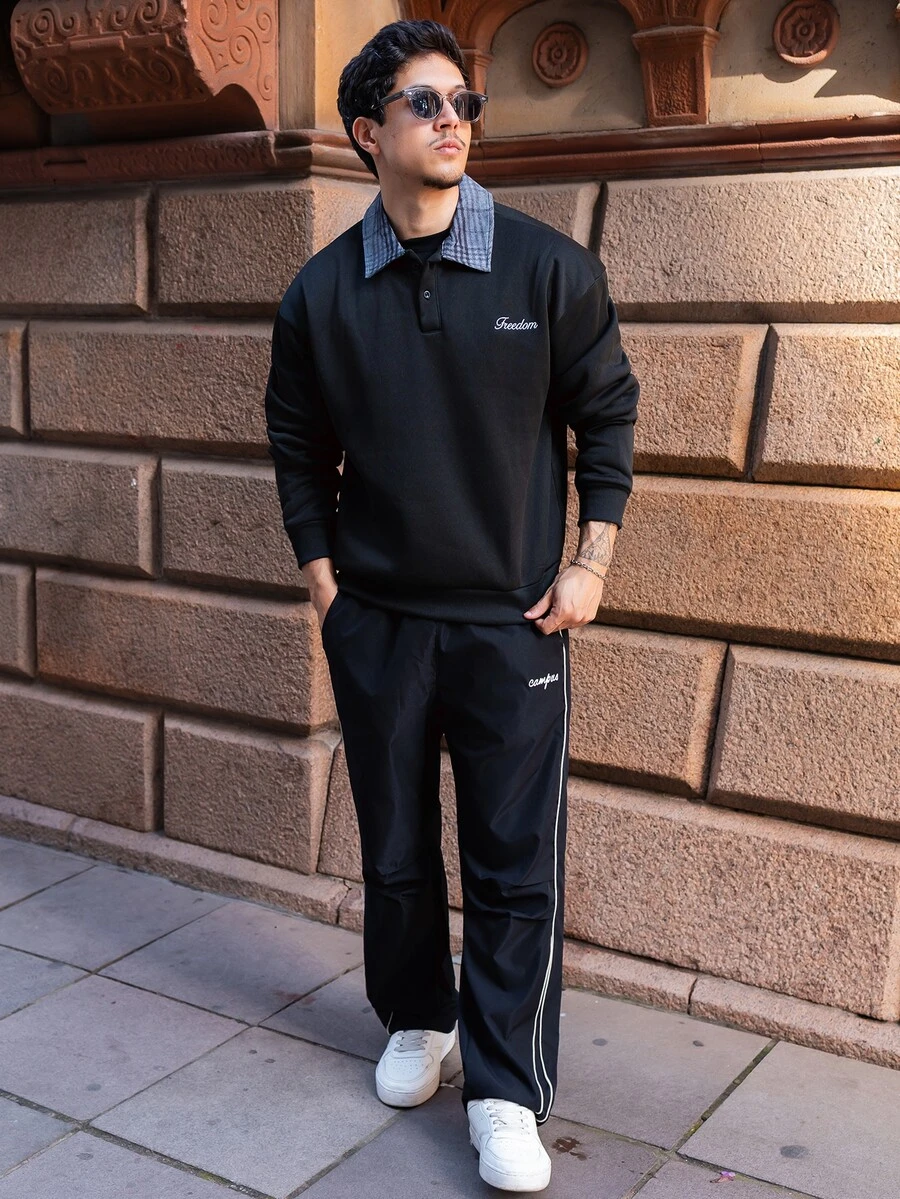 FELIPE ZIMMER FELIPE ZIMMER Men's Standard Size Black Pullover Sweatshirt With Collar And Embroidered Design Casual For Spring Polo Sweater Long Sleeve Polo Shirt Collared Shirts - Black - View 1