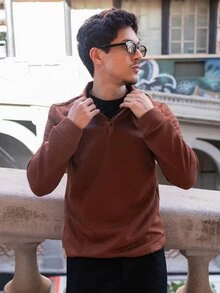 FELIPE ZIMMER FELIPE ZIMMER قميص رجالي كاجوال رسمي بولو بأزرار أمامية وأكمام طويلة بلون موحد، للخريف والمناسبات الرسمية - بني - مشاهدة 3