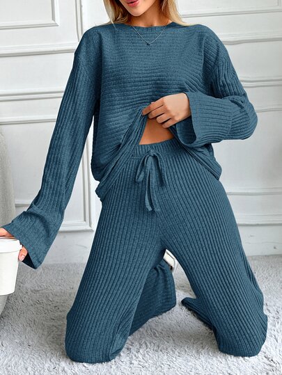 SHEIN Petite Size Women Cotton Teal Blue Solid Color Round Neck Casual Long Sleeve Top And Pants Set Lounge Travel Autumn Everyday