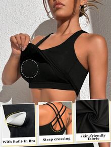 Slayform Slayform Solid Color Sporty Crop Top With Built-In Bra And Airport Outfit Fitted Shirt Strappush Up Sports Brabackless Brabra Strapssports For Workout - Black - View 7