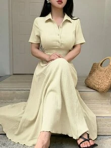 Modelyn Women's Short Sleeve Rib Knit Polo Neck Midi Dress,White,Summer,Elegant,Tea Party A Line Casual Flared Hem Textured Crinkle Fabric Resort Style - Apricot - View 7