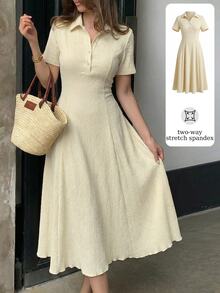 Modelyn Women's Short Sleeve Rib Knit Polo Neck Midi Dress,White,Summer,Elegant,Tea Party A Line Casual Flared Hem Textured Crinkle Fabric Resort Style - Apricot - View 4
