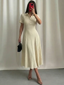 Modelyn Women's Short Sleeve Rib Knit Polo Neck Midi Dress,White,Summer,Elegant,Tea Party A Line Casual Flared Hem Textured Crinkle Fabric Resort Style - Apricot - View 9