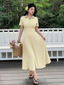 Modelyn Women's Short Sleeve Rib Knit Polo Neck Midi Dress,White,Summer,Elegant,Tea Party A Line Casual Flared Hem Textured Crinkle Fabric Resort Style - Apricot - View 8