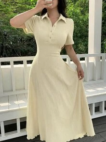 Modelyn Women's Short Sleeve Rib Knit Polo Neck Midi Dress,White,Summer,Elegant,Tea Party A Line Casual Flared Hem Textured Crinkle Fabric Resort Style - Apricot - View 5