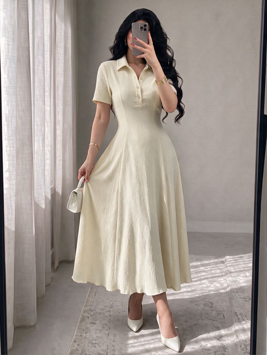 Modelyn Women's Short Sleeve Rib Knit Polo Neck Midi Dress,White,Summer,Elegant,Tea Party A Line Casual Flared Hem Textured Crinkle Fabric Resort Style