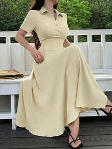 Modelyn Women's Short Sleeve Rib Knit Polo Neck Midi Dress,White,Summer,Elegant,Tea Party A Line Casual Flared Hem Textured Crinkle Fabric Resort Style - Apricot - View 6