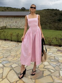 BiaLiraa 法式浪漫格纹喇叭裙甜美蓬蓬裙吊带夏季女装 - 粉色 - 查看 3