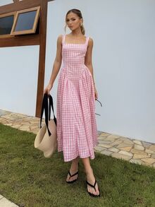 BiaLiraa 法式浪漫格纹喇叭裙甜美蓬蓬裙吊带夏季女装 - 粉色 - 查看 6