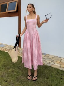 BiaLiraa 法式浪漫格纹喇叭裙甜美蓬蓬裙吊带夏季女装 - 粉色 - 查看 1