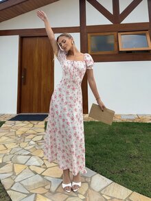BiaLiraa Women's White And Pink Cottage Core Floral Puff-Sleeve Maxi Dress,Square Neck Ruched Slim-Fit Sweet Long Dress,Summer Vacation Holiday Holiday Daily - White - View 1