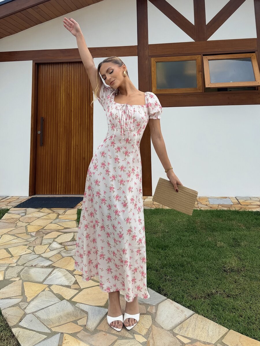 BiaLiraa Women's White And Pink Cottage Core Floral Puff-Sleeve Maxi Dress,Square Neck Ruched Slim-Fit Sweet Long Dress,Summer Vacation Holiday Holiday Daily - White - View 1
