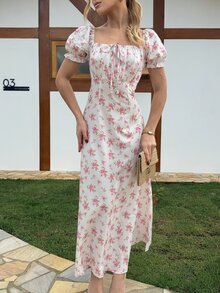 BiaLiraa Women's White And Pink Cottage Core Floral Puff-Sleeve Maxi Dress,Square Neck Ruched Slim-Fit Sweet Long Dress,Summer Vacation Holiday Holiday Daily - White - View 6