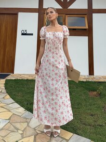 BiaLiraa Women's White And Pink Cottage Core Floral Puff-Sleeve Maxi Dress,Square Neck Ruched Slim-Fit Sweet Long Dress,Summer Vacation Holiday Holiday Daily - White - View 3