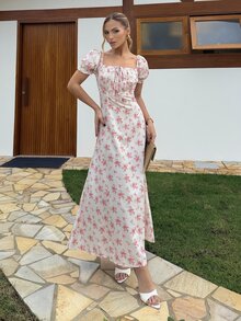 BiaLiraa Women's White And Pink Cottage Core Floral Puff-Sleeve Maxi Dress,Square Neck Ruched Slim-Fit Sweet Long Dress,Summer Vacation Holiday Holiday Daily - White - View 4