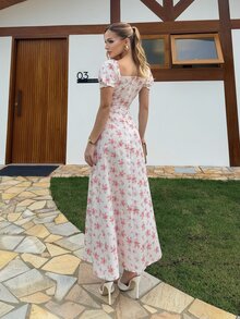 BiaLiraa Women's White And Pink Cottage Core Floral Puff-Sleeve Maxi Dress,Square Neck Ruched Slim-Fit Sweet Long Dress,Summer Vacation Holiday Holiday Daily - White - View 2