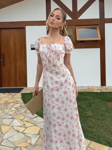BiaLiraa Women's White And Pink Cottage Core Floral Puff-Sleeve Maxi Dress,Square Neck Ruched Slim-Fit Sweet Long Dress,Summer Vacation Holiday Holiday Daily - White - View 5