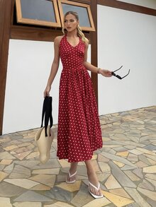 BiaLiraa Women Summer Casual Holiday Polka Dot Print Halter Backless Dress - Red and White - View 1