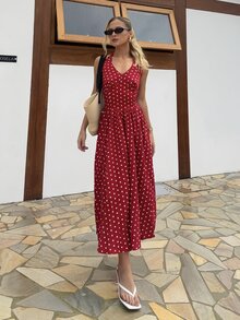 BiaLiraa Women Summer Casual Holiday Polka Dot Print Halter Backless Dress - Red and White - View 4