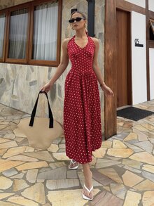 BiaLiraa Women Summer Casual Holiday Polka Dot Print Halter Backless Dress - Red and White - View 3