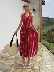 BiaLiraa Women Summer Casual Holiday Polka Dot Print Halter Backless Dress - Red and White - View 5