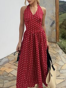 BiaLiraa Women Summer Casual Holiday Polka Dot Print Halter Backless Dress - Red and White - View 6