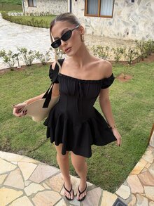 BiaLiraa Sweet Women's Short Dress,Off-Shoulder Puff Sleeve,Back Lace-Up Waist ,Asymmetric Double-Layer Hem,Black,Summer,Goth,Night Out Dress - Black - View 1