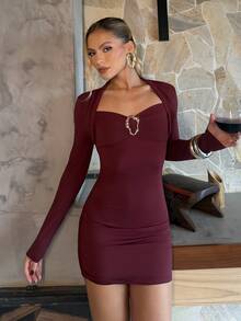 BiaLiraa New Elegant Party Cocktail Dress, Burgundy Color With Metal Decor, Fitted Silhouette, Suitable For Christmas And Formal Occasions - Burgundy - View 1