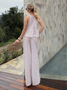 BiaLiraa Women's 2 Pieces Set,Red And White Plaid Summer Outfit Sleeveless Ruffle Peplum Halter Top And Wide Leg Pants,Boho Holiday Picnic Casual Vacation - Multicolor - View 3