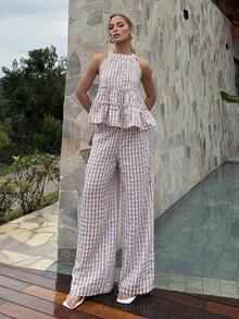 BiaLiraa Women's 2 Pieces Set,Red And White Plaid Summer Outfit Sleeveless Ruffle Peplum Halter Top And Wide Leg Pants,Boho Holiday Picnic Casual Vacation - Multicolor - View 2