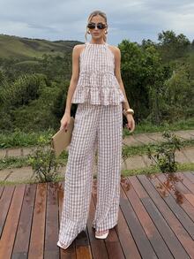 BiaLiraa Women's 2 Pieces Set,Red And White Plaid Summer Outfit Sleeveless Ruffle Peplum Halter Top And Wide Leg Pants,Boho Holiday Picnic Casual Vacation - Multicolor - View 7