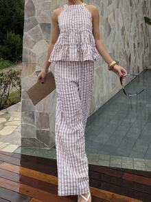 BiaLiraa Women's 2 Pieces Set,Red And White Plaid Summer Outfit Sleeveless Ruffle Peplum Halter Top And Wide Leg Pants,Boho Holiday Picnic Casual Vacation - Multicolor - View 6
