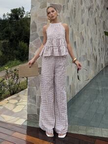 BiaLiraa Women's 2 Pieces Set,Red And White Plaid Summer Outfit Sleeveless Ruffle Peplum Halter Top And Wide Leg Pants,Boho Holiday Picnic Casual Vacation - Multicolor - View 4