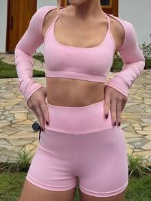 BiaLiraa 女士时尚休闲超短袖披肩、细肩带交叉后背设计紧身衣和紧身短裤 3 件套运动服套装 - 淺粉色 - 查看 4