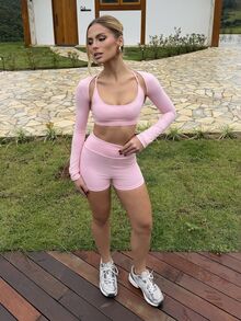 BiaLiraa 女士时尚休闲超短袖披肩、细肩带交叉后背设计紧身衣和紧身短裤 3 件套运动服套装 - 淺粉色 - 查看 3