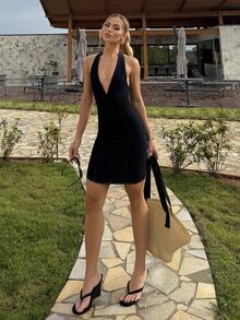 BiaLiraa Women's Backless Halter Neck Mini Denim Dress,Navy Blue,Summer,Elegant,Seksi Chic,Club Night,Deep V High Waist Bodycon Retro Dark Wash Outfit - Blue - View 2