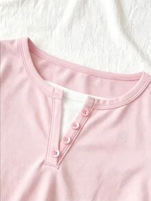 SHEIN 青少年女孩針織黑色拼接波點休閒街頭風長袖T恤，適合六年級學生，秋冬加厚款 - 粉色 - 查看 3