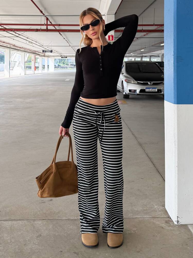BiaLiraa 条纹熊图案低腰阔腿女式休闲裤 - 黑與白 - 查看 3