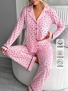 SHEIN ملابس علوية للنساء بطبعة فراولة وخطوط وياقة متباينة وأزرار أمامية وأكمام طويلة مع بنطال مستقيم الساق - وردي - مشاهدة 7