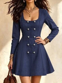 SHEIN Women's U-Neck Faux Frog Button Decor Cinched Waist Short Dress, Elegant Slim Fit A-Line Long Sleeve Dress For Spring, Autumn, Winter, Suitable For Daily Office Commute - Blue - View 5