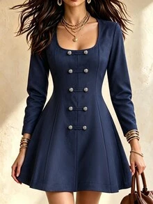 SHEIN Women's U-Neck Faux Frog Button Decor Cinched Waist Short Dress, Elegant Slim Fit A-Line Long Sleeve Dress For Spring, Autumn, Winter, Suitable For Daily Office Commute - Blue - View 3