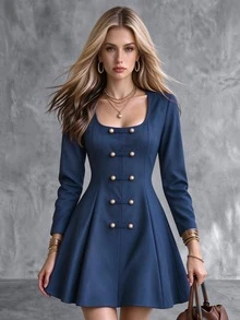 SHEIN Women's U-Neck Faux Frog Button Decor Cinched Waist Short Dress, Elegant Slim Fit A-Line Long Sleeve Dress For Spring, Autumn, Winter, Suitable For Daily Office Commute - Blue - View 8