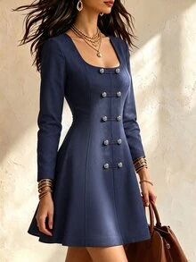 SHEIN Women's U-Neck Faux Frog Button Decor Cinched Waist Short Dress, Elegant Slim Fit A-Line Long Sleeve Dress For Spring, Autumn, Winter, Suitable For Daily Office Commute - Blue - View 4