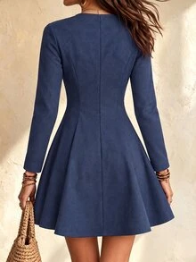SHEIN Women's U-Neck Faux Frog Button Decor Cinched Waist Short Dress, Elegant Slim Fit A-Line Long Sleeve Dress For Spring, Autumn, Winter, Suitable For Daily Office Commute - Blue - View 2