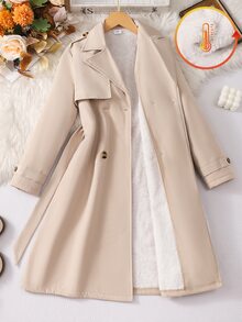 SHEIN 女童 8-12 歲保暖內裡中長款風衣，米色雙排扣收腰外套，休閒優雅西式日常秋季款 - 卡其色 - 查看 3