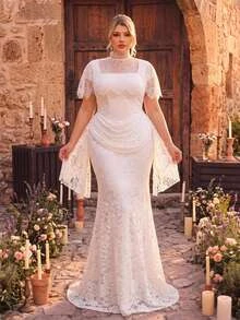 Aureia Plus Size Elegant Romantic Palace Style Beige Elastic Lace 2 Pieces Set Square Neck Slimming Ruched Design Mermaid Long Dress With Detachable Eyelash Lace Shawl, Suitable For Vacation, Ball, Evening Party, Wedding Event, Bridal Gown - White - View 2