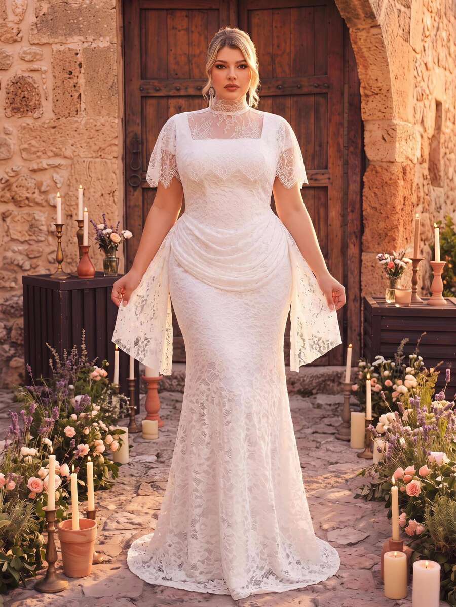 Aureia Plus Size Elegant Romantic Palace Style Beige Elastic Lace 2 Pieces Set Square Neck Slimming Ruched Design Mermaid Long Dress With Detachable Eyelash Lace Shawl, Suitable For Vacation, Ball, Evening Party, Wedding Event, Bridal Gown