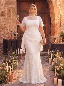 Aureia Plus Size Elegant Romantic Palace Style Beige Elastic Lace 2 Pieces Set Square Neck Slimming Ruched Design Mermaid Long Dress With Detachable Eyelash Lace Shawl, Suitable For Vacation, Ball, Evening Party, Wedding Event, Bridal Gown - White - View 5